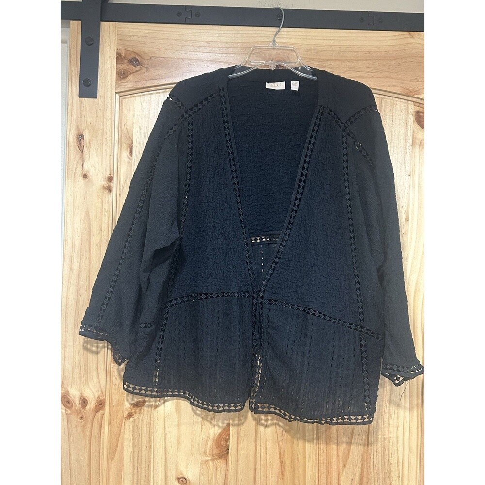 LOGO Lavish Lori Goldstein Cardigan Black Textured Fabric Open Crocheted 2XL